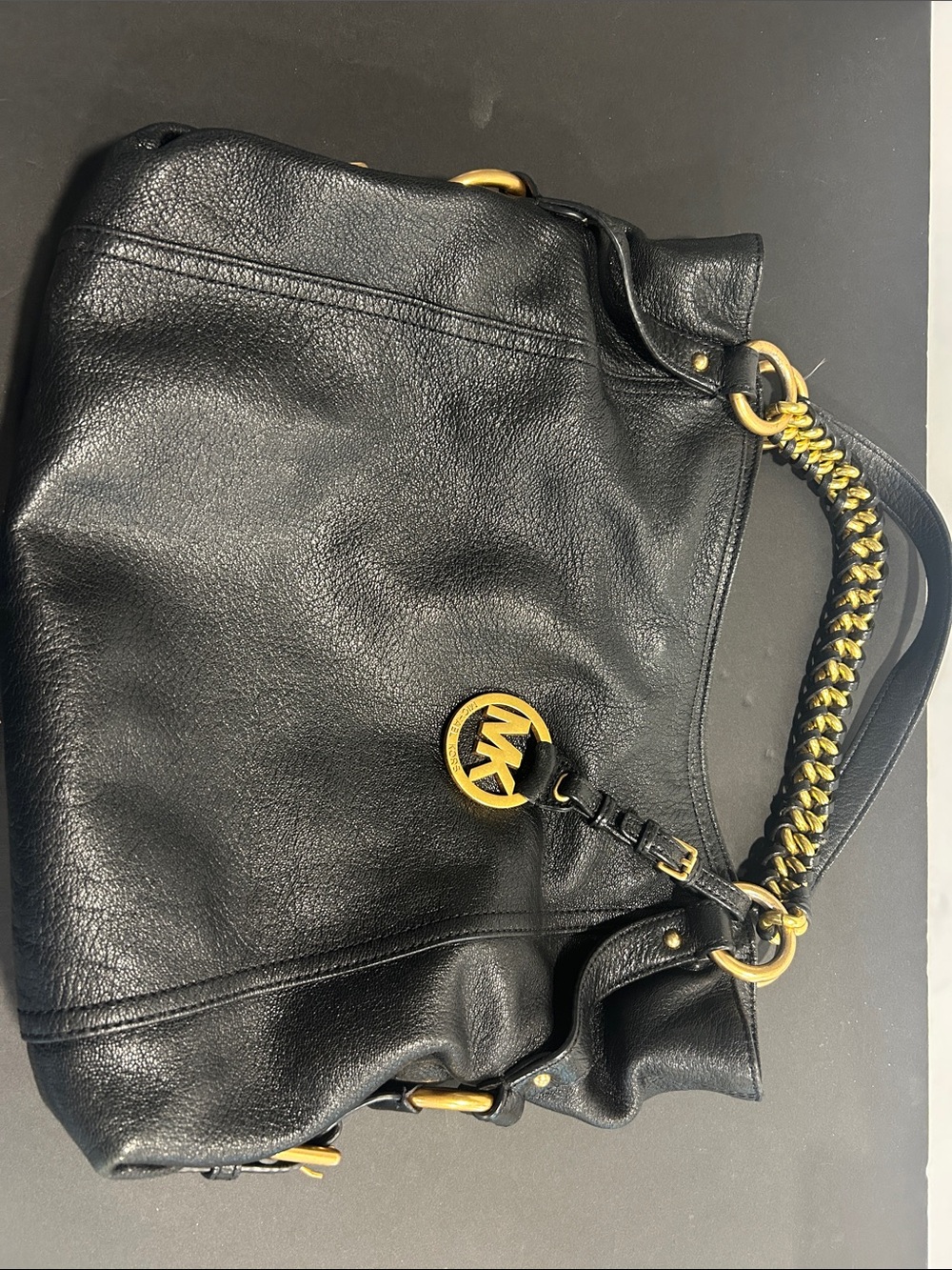 Michael Kors Black Leather Shoulder Bag with Gold Accents